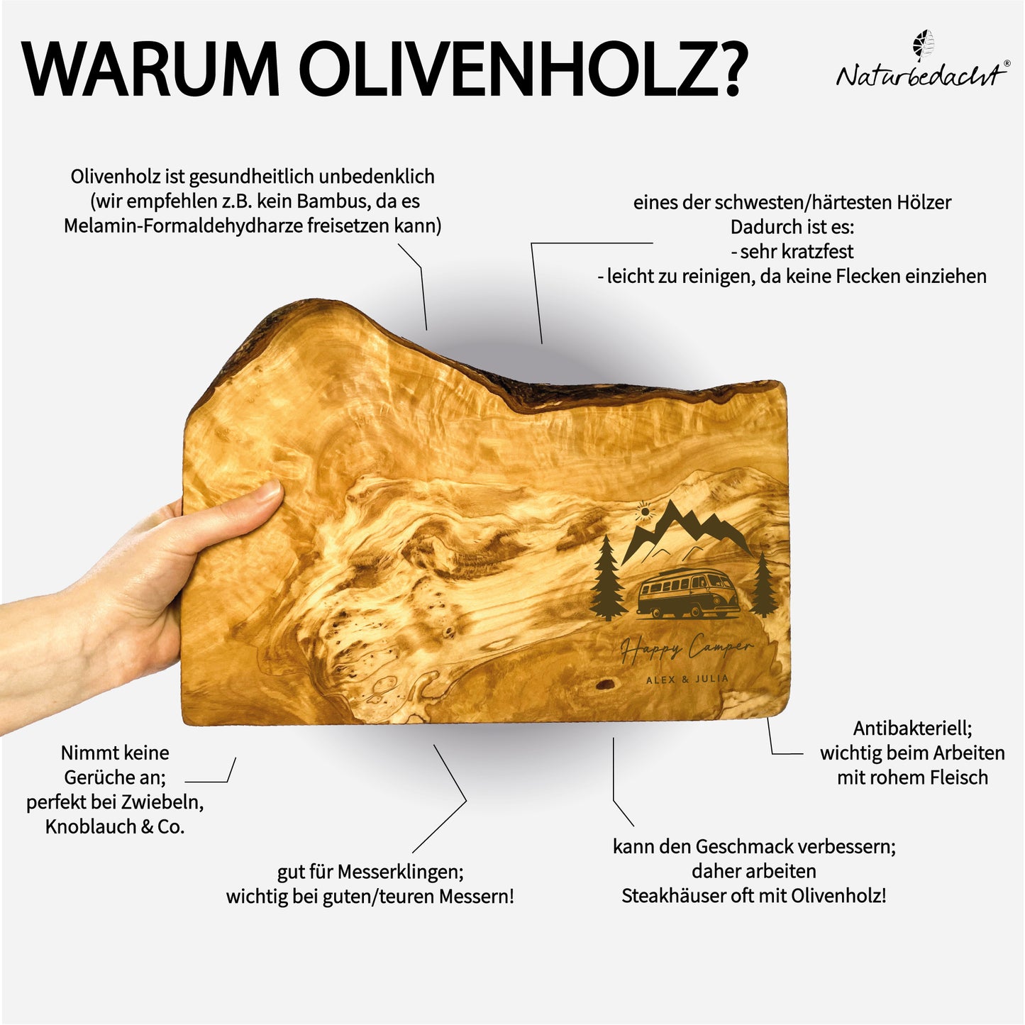 Personalisiertes Schneidebrett aus Olivenholz - Camping (kleines Brett)