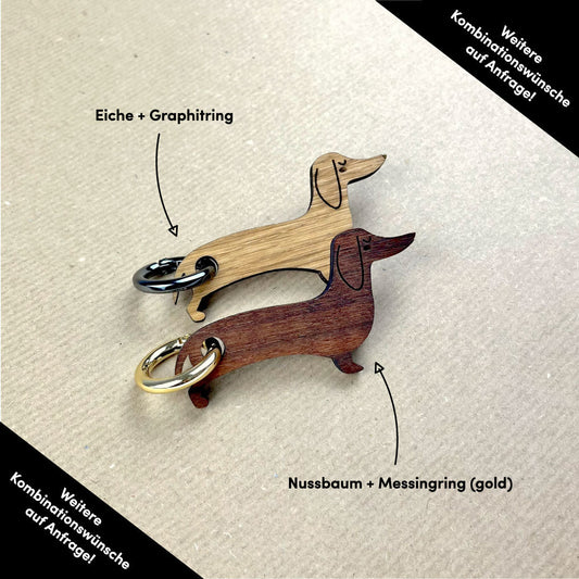 Schlüsselanhänger Dackel aus Eiche mit Graphitring und Karabiner, silberfarbenem Ring