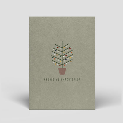 Weihnachtskarte mit grauem Cover: Tannenbaum mit Kugeln und Text „Frohes Weihnachtsfest“