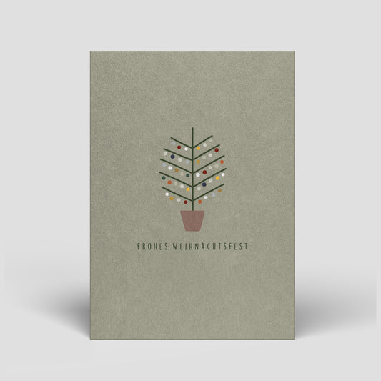 Weihnachtskarte mit grauem Cover: Tannenbaum mit Kugeln und Text „Frohes Weihnachtsfest“