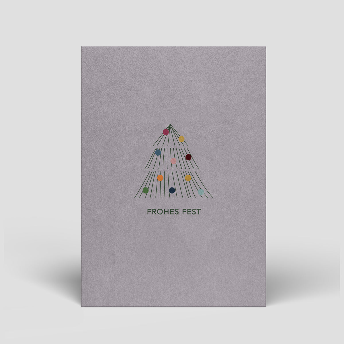 Weihnachtskarte mit Tannenbaum-Illustration und bunten Kugeln, Schriftzug „Frohes Fest“