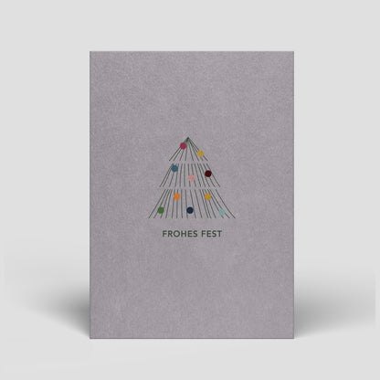 Weihnachtskarte mit Tannenbaum-Illustration und bunten Kugeln, Schriftzug „Frohes Fest“