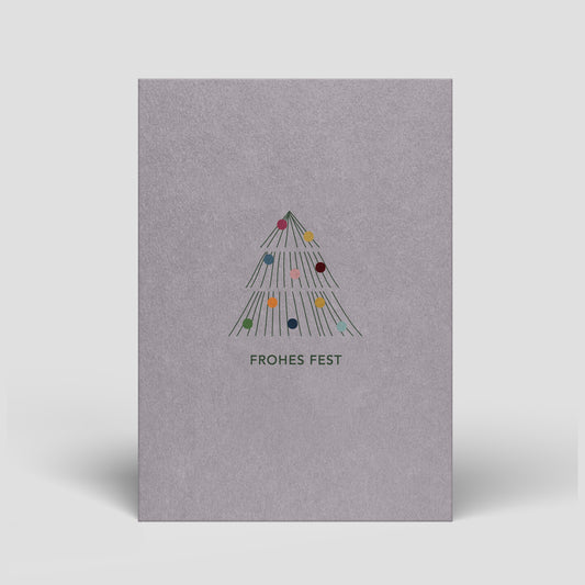 Weihnachtskarte mit Tannenbaum-Illustration und bunten Kugeln, Schriftzug „Frohes Fest“