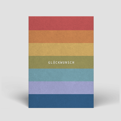 Geburtstagskarte mit Regenbogenstreifen und Aufdruck „GLÜCKWUNSCH“