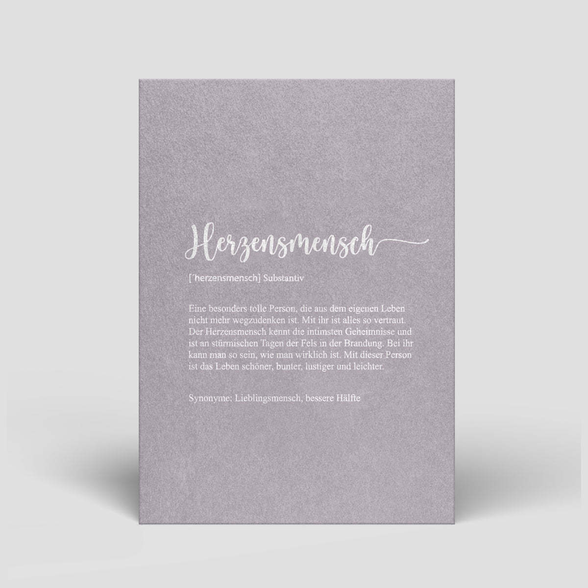 Lila Valentins-Postkarte mit Schriftzug „Herzensmensch“ und Textfläche