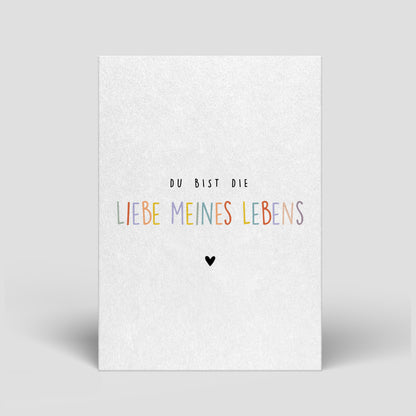 Valentinstags-Postkarte mit Spruch „Liebe meines Lebens“ und kleinem Herz