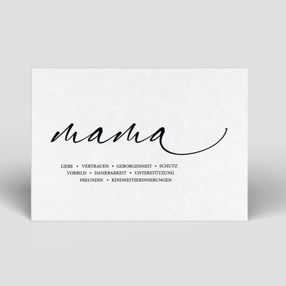 Muttertags-Postkarte mit Schriftzug „mama“ und liebevollen Wortzeilen