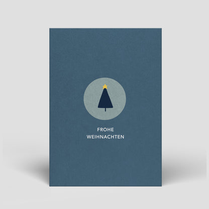 Blaue Weihnachtskarte mit Tannenbaum-Symbol und Text „Frohe Weihnachten“