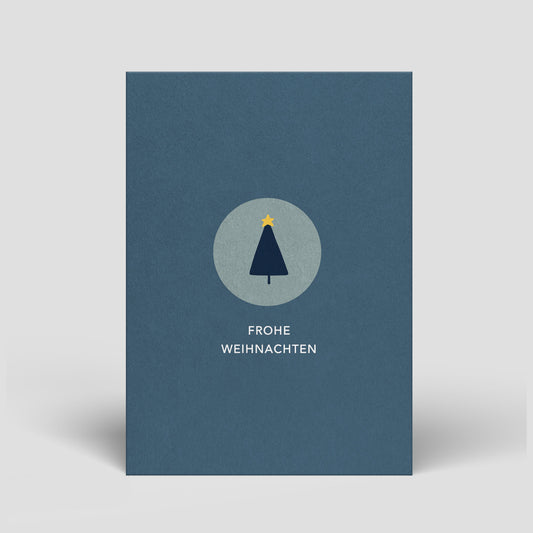 Blaue Weihnachtskarte mit Tannenbaum-Symbol und Text „Frohe Weihnachten“