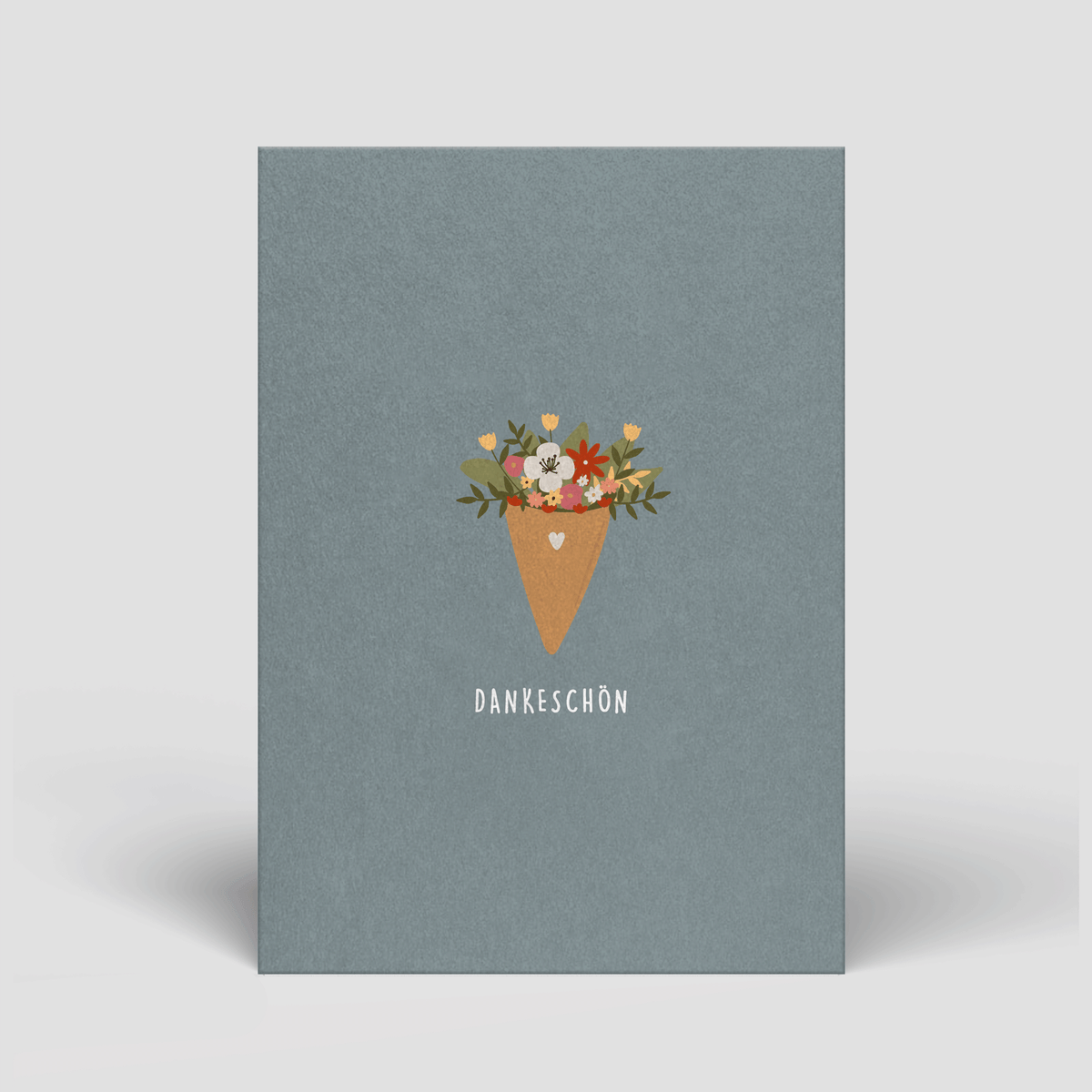 Postkarte mit Blumenstrauß in Tüte und Aufdruck „DANKESCHÖN“
