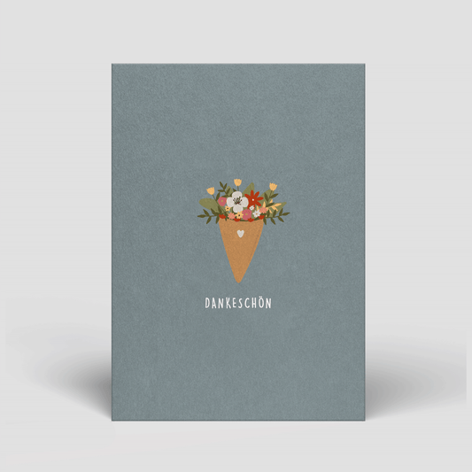 Postkarte mit Blumenstrauß in Tüte und Aufdruck „DANKESCHÖN“