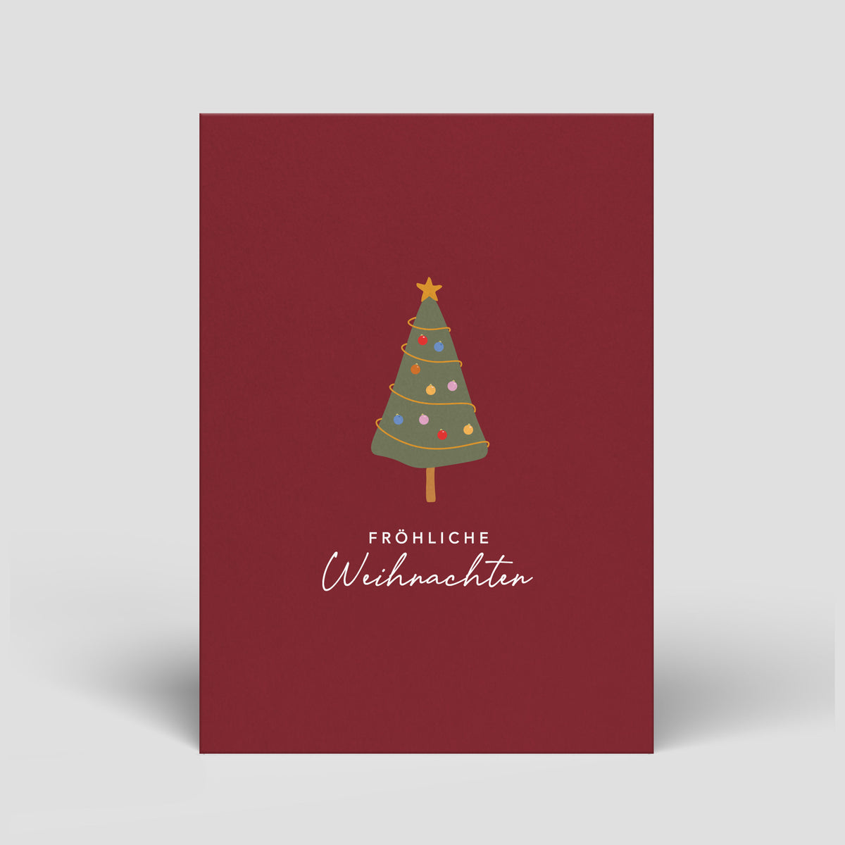 Weihnachts-Postkarte mit Tannenbaum und Stern, „Fröhliche Weihnachten“
