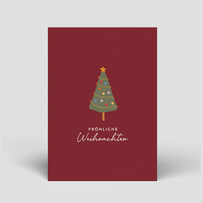 Weihnachts-Postkarte mit Tannenbaum und Stern, „Fröhliche Weihnachten“