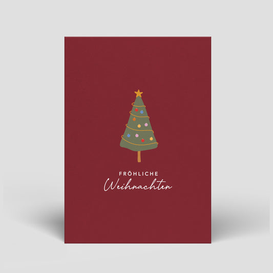 Weihnachts-Postkarte mit Tannenbaum und Stern, „Fröhliche Weihnachten“