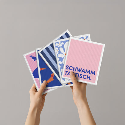 Set aus rosa Schwammtüchern mit blauem Spruch und Streifenmotiv