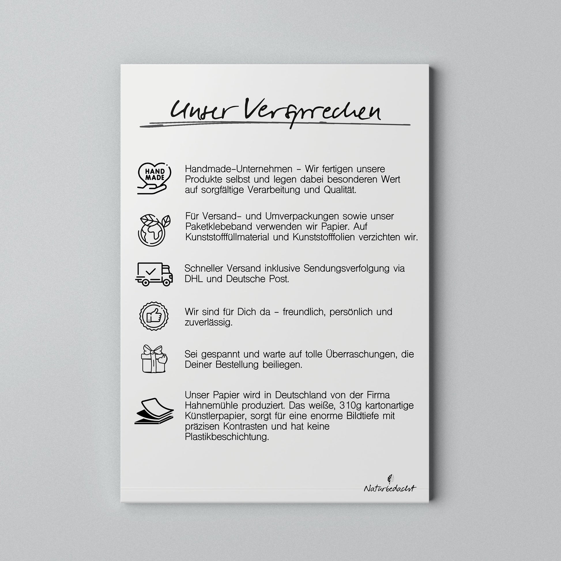 Info-Seite zu Versand und Handmade-Qualität mit Icons und Text
