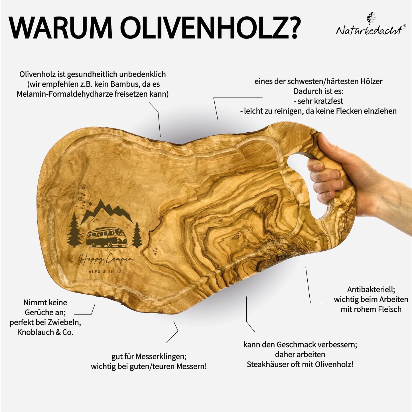 Personalisiertes Schneidebrett aus Olivenholz - Camper (Brett mit Griff) - Naturbedacht kaufen