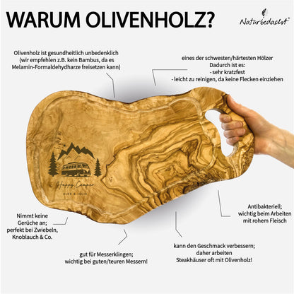 Personalisiertes Schneidebrett aus Olivenholz - Camper (Brett mit Griff) - Naturbedacht kaufen