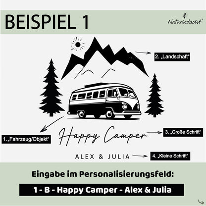 Personalisiertes Schneidebrett aus Olivenholz - Camper (Brett mit Griff) - Naturbedacht kaufen