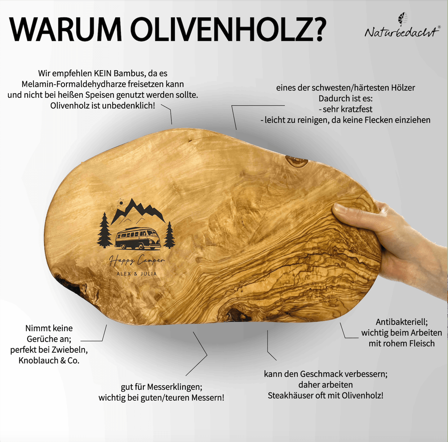 Personalisiertes Schneidebrett aus Olivenholz - Camping - Naturbedacht kaufen
