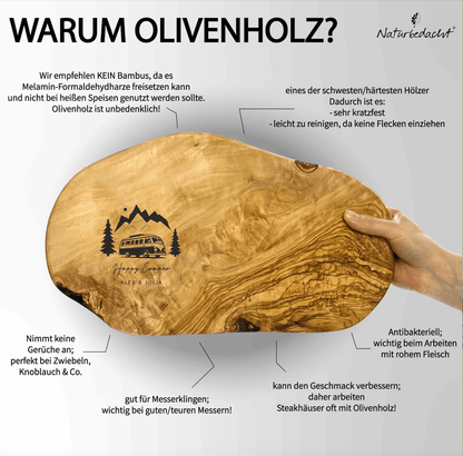 Personalisiertes Schneidebrett aus Olivenholz - Camping - Naturbedacht kaufen