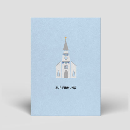 Firmungs-Postkarte mit heller Kirche und Aufdruck „Zur Firmung“