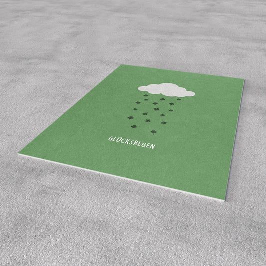 Grüne Postkarte mit Wolke, Kleeblattregen und Text „GLÜCKSREGEN“