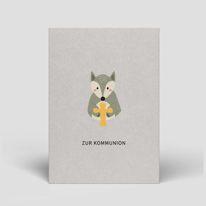 Kommunionspostkarte Nr. 319 mit Fuchs, Kreuz und Text „Zur Kommunion“