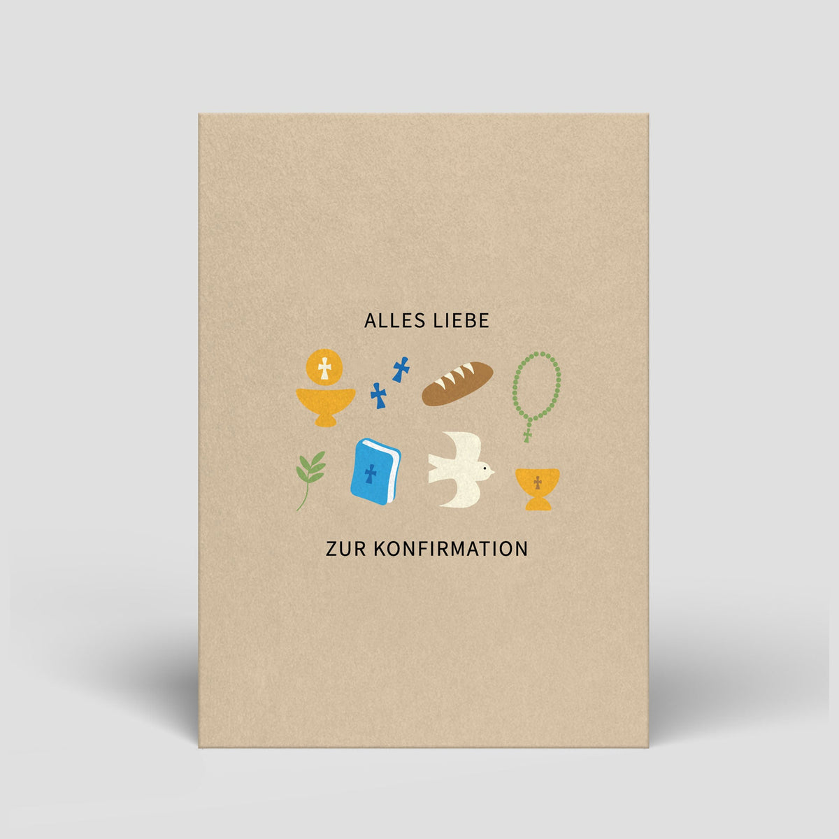 Postkarte zur Konfirmation aus beigem Karton mit „Alles Liebe“ und Motiven