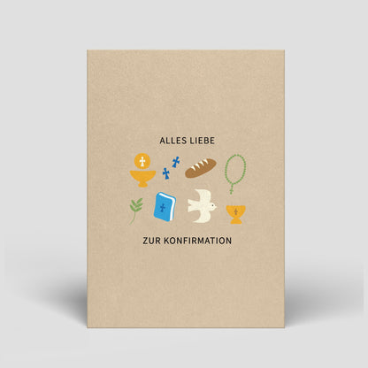 Postkarte zur Konfirmation aus beigem Karton mit „Alles Liebe“ und Motiven