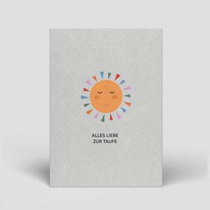 Taufpostkarte mit Sonne, Regenbogenstrahlen und Text „Alles Liebe zur Taufe“