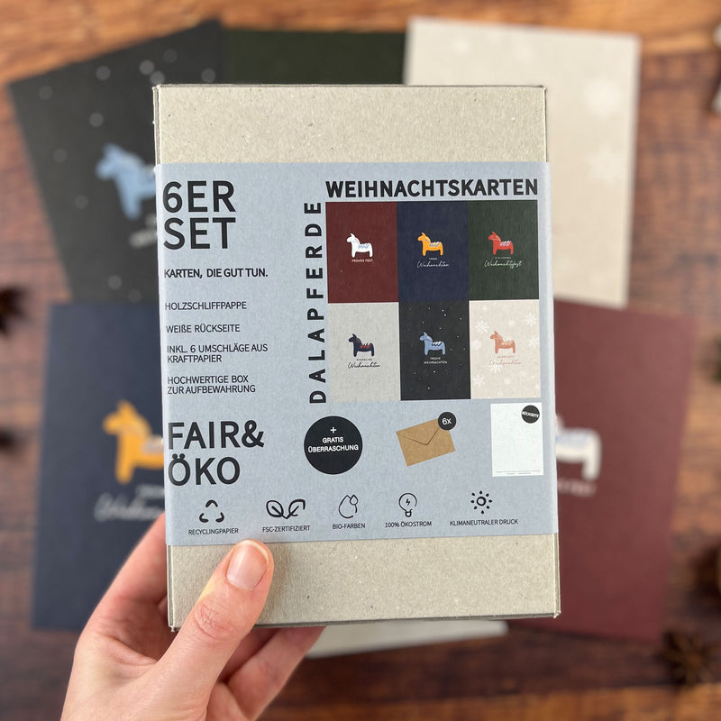 Weihnachtskarten Dalapferde 6er Set - Nachhaltige Weihnachtskarten für frohe Weihnachten - fair, ökologisch und nachhaltig produziert