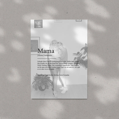 Personalisierter Fotocollage-Poster mit „Mama“-Schriftzug und Foto, in Grau
