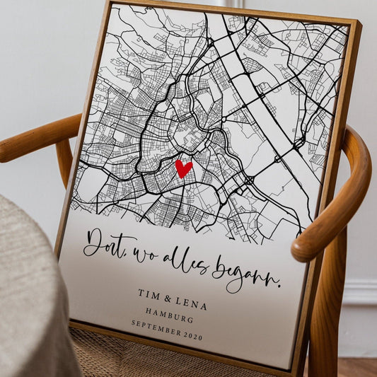 Personalisierte Map - Teilflächige Karte mit Herz - "Dort, wo alles begann." - Naturbedacht kaufen